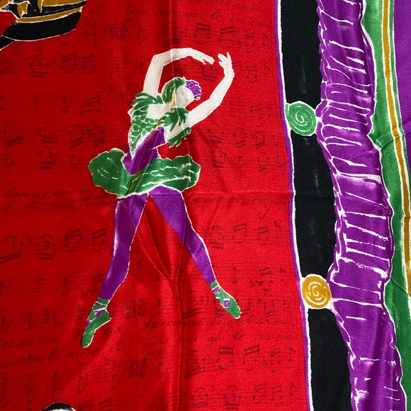 Vintage 100% silk scarf with world dance motif. Handmade. 34.5 inch square. - Picture 5 of 8